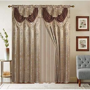 Sapphire Home Layla Rod Pocket Jacquard Window Curtain Drape Panels - Elegant Floral Curtains with Attached Valance, Sheer Backing, 2 Tassels - Living Room Curtains - Camel/Taupe - 84" Length