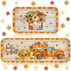 2 Pieces Fall Kitchen Rugs Hello Fall Mats Pumpkin Sunflower Orange Maple Leaf Mat Floor Rug for Holiday Autumn Thanksgiving Home Decor, 17 x 29 Inches, 17 x 47 Inches