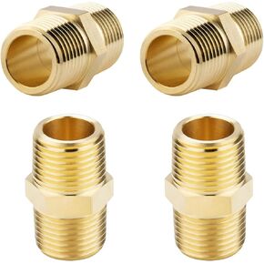 4PCS Hex Nipple 3/8"NPT x 3/8" NPT Male Solid Brass Pipe Fitting, 3/8 inch Brass nipple Male Threaded Pipe Adapter Fittings Equal Nipples Connectors Couplings