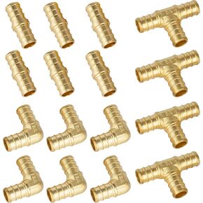 ISPINNER PEX Fittings, 1/2 inch PEX Straight Coupling (6pcs) Degree Elbow (6pcs) PEX Tee (4pcs), Brass Barb Crimp Pipe Hose Fittings (Pack of 16)