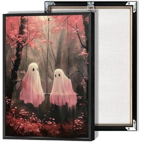 Htdsks Retro Wild Spooky Ghost With Pumpkin Lantern Posters Cute Horror Scary Wall Art Eerie Forest Horror Ghost Plant Prints Painting For Home Bedroom Dorm Wall Decor 12x16in Unframed