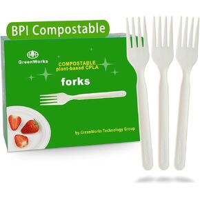 GreenWorks 200 Count Heavy-duty Compostable Forks, BPI Certified Large Disposable Cutlery Flatware Utensils Fork