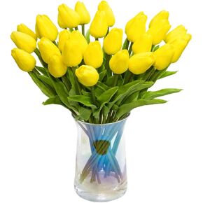 30pcs Artificial Tulips Flowers Real Touch Tulips Fake Holland PU Tulip Bouquet Latex Flower White Tulip for Wedding Party Office Home Kitchen Decoration (Milk White)