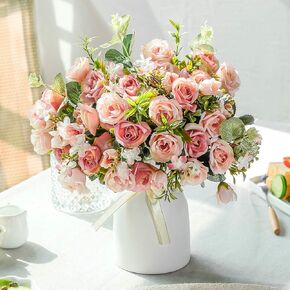 LESING Artificial Fake Flowers with Vase Silk Artificial Roses Wedding Flowers Bouquets Home Office Party Meeting Room Decoration (Red-1)