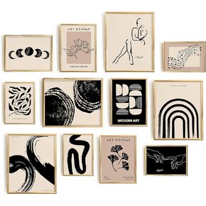 Set 12 Boho Wall Art Black And White Art Prints - Abstract Wall Art, Midcentury Modern Wall Art, Geometric Wall Art Boho Room Decor Aesthetic Gallery Wall Art, Minimalist Room Decor (8x10in UNFRAMED)