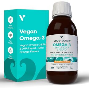 Vegan Omega 3 Supplements 150 ml (30-Day Supply) — Plant Source from Microalgae — EPA 300MG & DHA 500 MG + VIT D3 — Health Supplements for Heart, Eye & Brain Health (Orange Flavored)