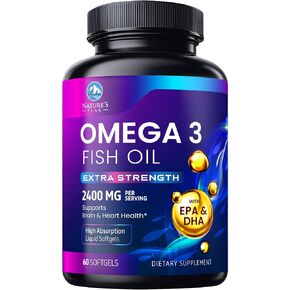 Triple Strength Omega 3 Fish Oil 2400 mg Softgels, Nature's Fish Oil Supplements, Brain & Heart Health Support - EPA & DHA, 1200 MG Fish Oil in Each Softgel, Omega-3 Supplement - 60 Fish Oil Softgels