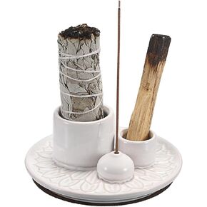 Ceramic Incense Burner Holder, 4 in 1 Incense Holder for Sticks, Palo Santo Holder Sage Holder for Burning, Incense-stick Holder Tray Candle Holder Ash Catcher for Meditation, Yoga Room