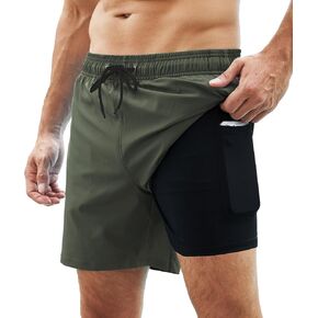 Mens Swim Trunks with Compression Liner Swim Shorts Quick Dry 2 in 1 Bathing Suits with Zipper Pockets