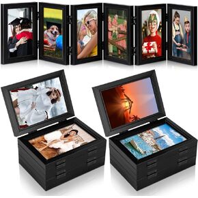 Sintuff 2 Pack 6 Folding 4x6 in Picture Frame Foldable Hinged Photo Frame Collage Natural Wood Photo Frame with High Definition Acrylic Rustic Desktop, Family Graduation Birthday Mother's Day(Black)