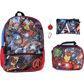 Marvel Avengers 5 Pc Kids Backpack Set Lunch Box Key Chain Pencil Case Carabiner For Travel School