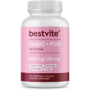 BESTVITE Coq10 100mg w/PQQ 20mg (120 Veggie Caps) - No Stearates - Vegan - Non GMO - Gluten Free - Coq10 with PQQ