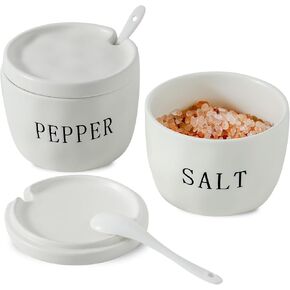 2 Pack Salt and Pepper Bowls Set, Ceramic Salt and Pepper Containers with Lid and Spoon, White Salt Pepper Holder Set, Salt Box Dish with Lid Easy to clean