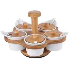 Porcelain Condiment Jar Spice Container with Lids,Bamboo Cap Holder Spot, Ceramic Serving Spoon, Wooden Tray ,Pottery Pot for Sugar Coffee Salt Spices and Pepper
