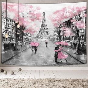 Drgilau Paris Eiffel Tower Tapestry Wall Hanging, Pink Wall Decor Tapestries Eiffel Tower Aesthetic France Romantic Wall Art Tapestry for Woman Teen Girls Bedroom Living Room Dorm