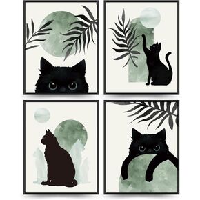 PLKMK Sage Green Cat Decor Set of 4 - Boho Wall Art, Cute Black Cat Wall Art Aesthetic decor, Cat Poster, Green And Black Room Decor, Cat Themed Gifts for Cat Lovers, 8x10 Unframed (Green)