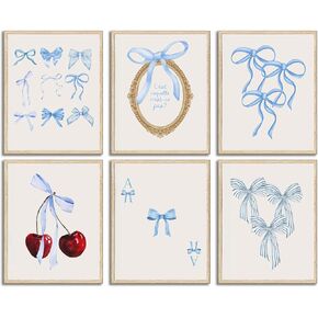 DULASI 6pcs Blue Bow Canvas Wall Art Preppy Student Aesthetic Wall Decor Trendy Red Cherry Mirror Posters for Girls Room College Apartment Bedroom Living Room Room decoration Unframed