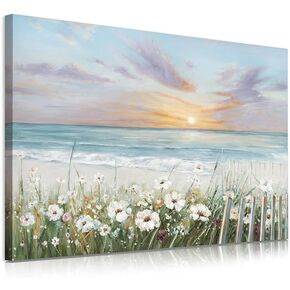 Ocean Sunset Canvas Prints Bathroom Wall Decor Ocean Theme Flower Canvas Wall Art Ocean Beach Sunrise With Blue Sky Beach Pictures Beach Decor for Wall Beach Art Wall Decor 16" X 12" X 1 Pieces