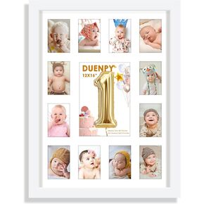 12x16 My First Year Picture Frame Displays One 5x7 inch and Twelve 2x3 inch Small Photo Collage Wall Hanging or Tabletop New Mom Gift and Baby Picture Frame White