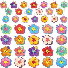 Epakh 40 Pcs Summer Luau Hibiscus Flower Ornaments for Tree Wood Colorful Hibiscus Flowers Wooden Hanging Tree Ornaments for Classroom School Summer Tropical Hawaiian Themed Birthday Party Baby Shower