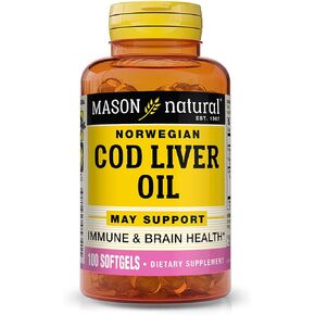 MASON NATURAL Cod Liver Oil Plus Vitamin A & D3 - Healthy Heart and Brain Function, Improved Immunity, Supports Overall Health, 100 Softgels
