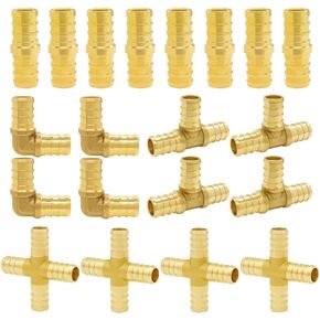 Hooshing 1/2 inch PEX Fittings, 30PCS PEX Fitting Combo 1/2 Inch PEX Straight Coupling (10PCS) 90 Degree Elbow (10PCS) PEX Tee (10PCS) Solid Brass Barb Crimp Pipe Hose Fittings