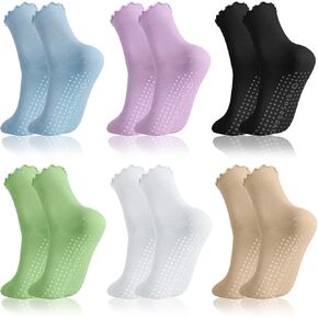6 Pairs Pilates Socks with Grips Non-Slip Ruffle Yoga Socks, Cute Frilly Grip Crew Socks for Hospital Dance Ballet Trampoline