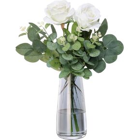 Fake Flowers with Vase, Artificial Silk Roses in Vase, Faux Plants in Glass Vase for Coffee Table Decor, Living Room Bathroom Plant Decor, Centerpiece Table Decorations
