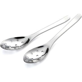 AOOSY Small Slotted Spoons,Modern Stylish Thick Heavy-weight Short handle Stainless Steel 10 Holes Durable Caviar Spoon for Soup Cereals Dips Curry Sauces Stews, Set of 2