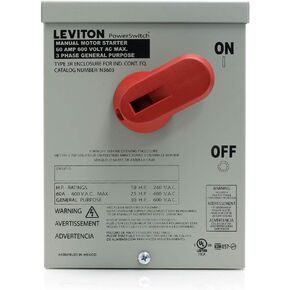 Leviton N3603 60 Amp, 600 Volt, Toggle In Type 3R Enclosure Three-Pole AC Manual Motor Controller, Industrial Grade, Grounded To Enclosure, Front Wired - Gray