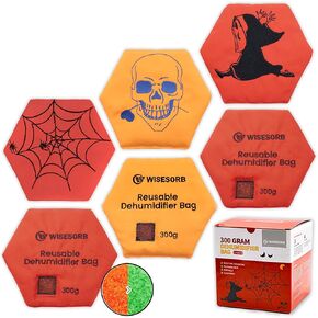 Wisesorb 300g 3pcs Rechargeable Desiccant Packs for Storage, Color Indicating Silica Gel Moisture Absorbers with Clear Window, Halloween Decorations Reusable Dehumidifier Bags for Gun Safe Closet Car