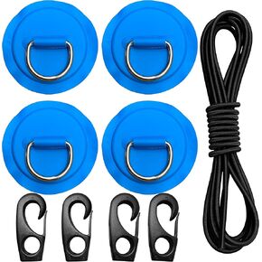 Stainless Steel D Ring Patch Kit with 12 FT Elastic Bungee Shock Cord for Inflatable Boat Kayak Dinghy SUP, D-Ring PVC Patch Stand-Up Paddleboard Pad Accessories, NO Glue Included
