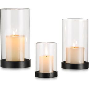 Inweder Hurricane Candle Holder for Pillar Candles: Clear Glass Hurricane Candle Holder 3Pcs Pillar Candle Holder for Tables Black Candle Holder Modern Candle Holder for Dining Table Living Room Home