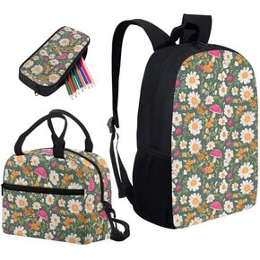 Retro Chinese Lion Dance Print Students School Backpacks with Lunch Box Cartoon Blue Lotus Flower Pencil Case Bags Travel Daypack Bookbag Set for Student