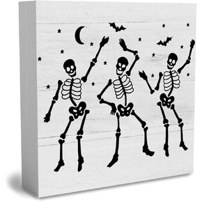 Rustic Funny Skeleton Wood Box Sign, Farmhouse Retro Fall Artwork Decorations, Humor Halloween Wooden Square Sign Desk Block Signs Home Shelf Office Decoration 5 x 5 Inches