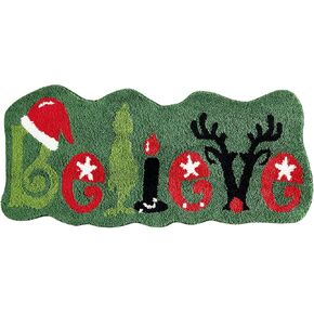 Cute Believe Christmas Runner Rug, 2x4.3 Christmas Throw Rugs for Bathroom Green Red Extra Long Bath Mat Washable, Festive Seasonal Kitchen Indoor Entryway Runner Rugs Bedroom Accent Floor Rug