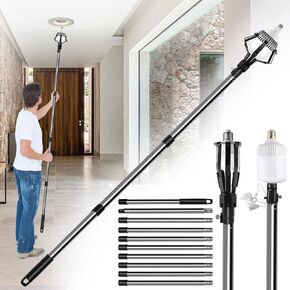 12FT Extension Pole Light Bulb Changer with Baskets and Suction Cup,Light Bulb Changer for High Ceilings & Recessed Lights, Household Camping Bulb Removal Tool (Black)