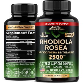 Rhodiola Rosea Supplement 2500mg - with Ashwagandha & L-Theanine - Stress Relief, Energy Boost & Mood Support - Rhodiola Extract 5:1 | 3% Salidroside - for Men & Women - 2 Month Supply, 60 Capsules