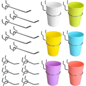 Pegboard Hooks Cups Accessories - 18 Pack Pegboard Display 2 & 4 inch Flat Brackets Small Hanging Cups for 1/8 1/4 Peg Board - Tool Organizer Hangers for Garage Craft (6 Colorful Cups & 12 Hooks)