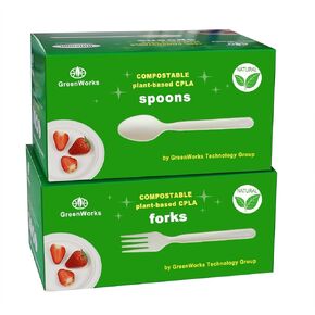 GreenWorks 200 Count Heavy-duty Compostable 100 Forks and 100 Spoons, BPI Certified,Large Cutlery Set,Alternative to Plastic Utensils