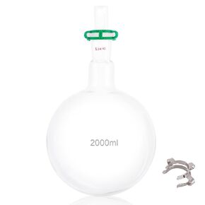 2000ml Single Neck Round Bottom Flask 24/40 Heavy Wall Boiling Flask with Glass Hollow Stopper and 24mm Plastic Joint Clip, 2L Borosilicate Glass Lab Receiving Flask Organic Chemistry Lab Glassware
