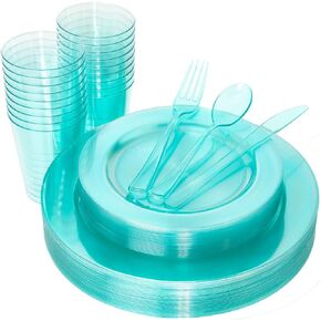 WDF 25 Guest Pink Plates with Disposable Plastic Silverware&Pink Cups-Neon Clear Plastic Dinnerware include 25 Dinner Plates,25Salad Plates,25Forks, 25 Knives, 25 Spoons,25 Plastic Cups