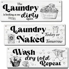 Zmyollo Laundry Room Wall Decor Sign, 3Pieces Laundry Room Rules Wooden Sign With Rope, Wash Dry Fold Repeat Wall Art Decor For Farmhouse Home Washroom Bathroom Restroom, B29