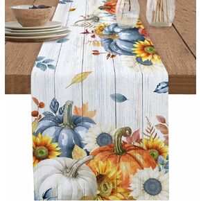 Fall Blue Pumpkin Table Runner 36 Inches Long Thanksgiving White Pumpkin Coffee Table Runner Rustic Wood Grain Kitchen Dining Table Decoration for Home Party Holiday 13 x 36 Inch