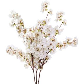 Sunm Boutique 3 PCS Silk Cherry Blossom Branches, Artificial White Cherry Blossom Flower Faux White Cherry Blossom Fake Cherry Blossom Tree Stems Faux Cherry Flowers Vase for Wedding Home Decor, 39''