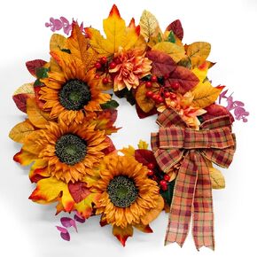 Fall Wreath 20" Fall Decorations Indoor Fall Porch Decor Artificial Autumn Wreath Fall Decor with Sunflowers, Dahlias, Berries, Bow, Thanksgiving Wreath Halloween Wreath for Front Door, Wall, Porch