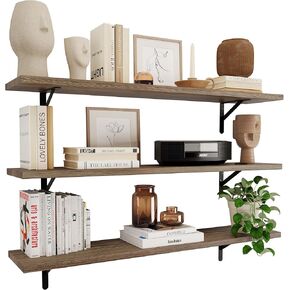 Wallniture Forme 48 inch Long x 10 in Deep Rustic Floating Shelves for Wall Storage, Wall Bookshelf, Wall Shelves for Living Room Decor, Kitchen, Office Floating Shelf, Set of 3, Burnt, Wood