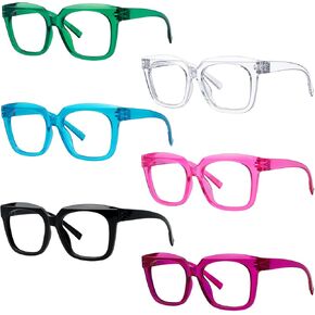 GUD Square Reading Glasses with Screwless Spring Hinges Metalless 6 Pack Readers Oversized Women Eyeglasses