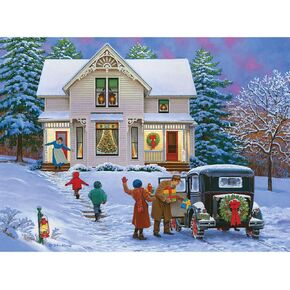 Bits and Pieces - 300 Piece Jigsaw Puzzle for Adults 18" x 24" - The Greatest Gift - 300 pc Glow-in-The-Dark Christmas Snow House Holiday Winter Family Jigsaw by Artist John Sloane