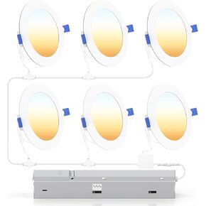 Ensenior 6 Pack 4 Inch LED Recessed Ceiling Light with Central Junction Box Kit, Dimmable, 2700K-5000K 5CCT, 750LM, 9W 120V, Ultra-Thin Canless Wafer Downlight - ETL & FCC & IC & Damp Rated